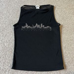Vintage 90s Y2K Agaci Too Black Sheer Skyline Jeweled Tank Top Fairy L